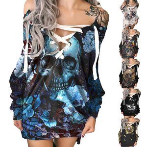 Blue Skull Long Sleeve Lace Up Mini Dress. (Winter Clearance)